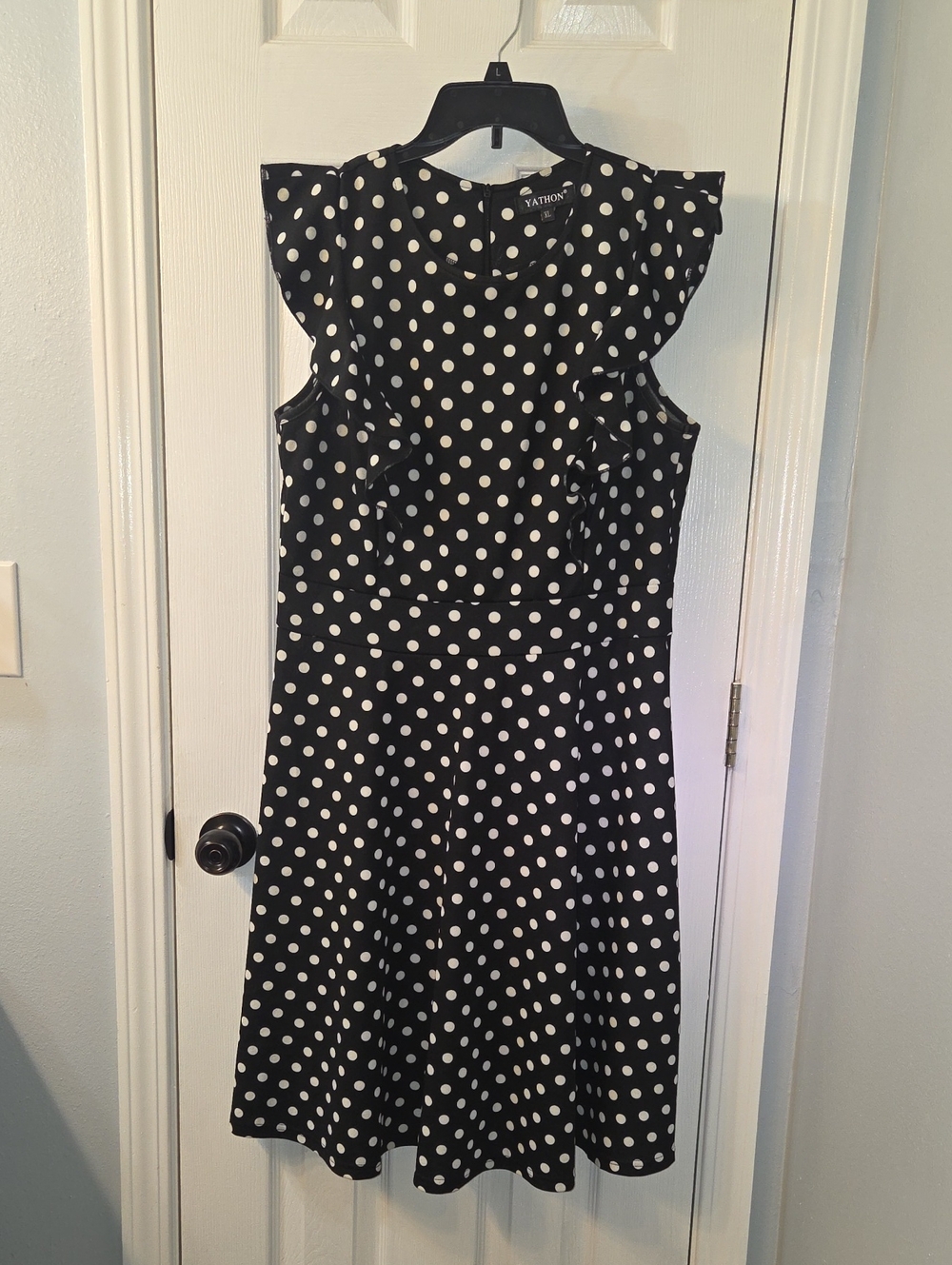 Yathon Black and White Polka Dot Midi Dress with Ruffle Shoulders